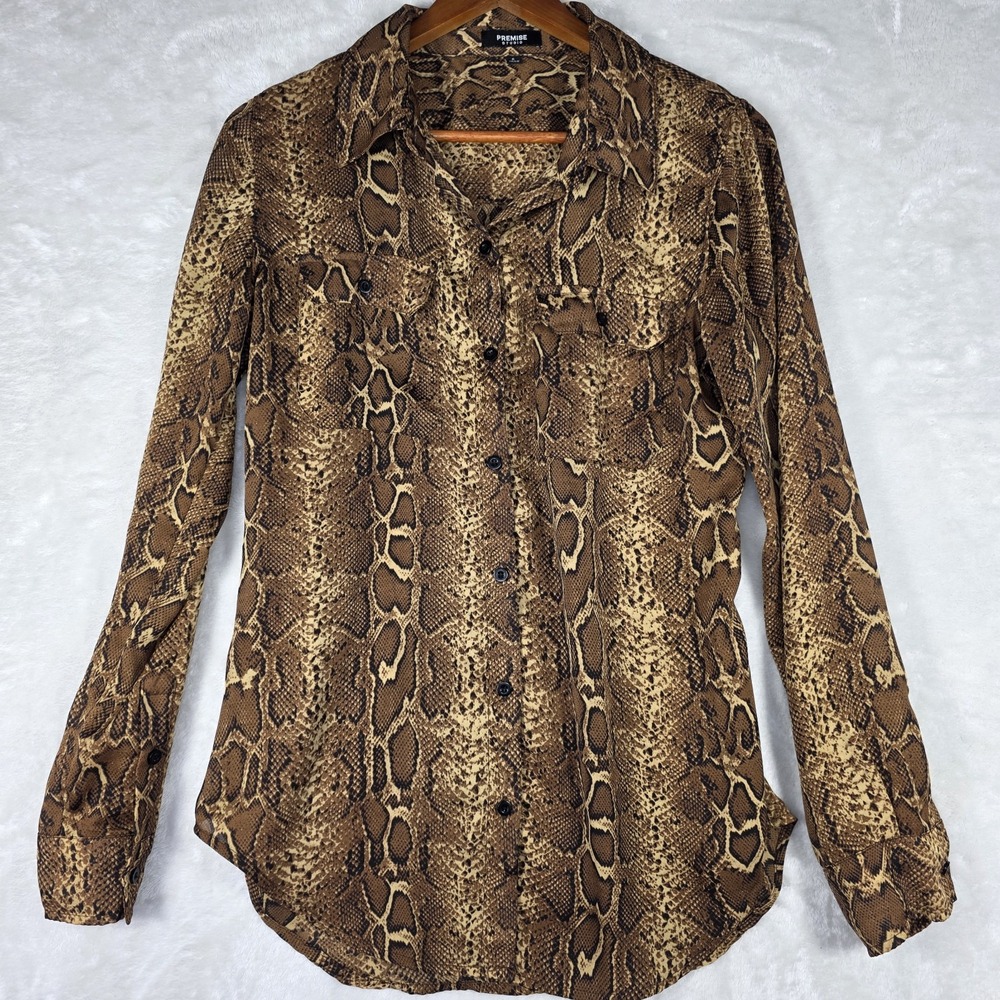 Premise Studio Womens Shirt Sz 6 Brown Snake Skin Print Sheer Button Up Pockets
